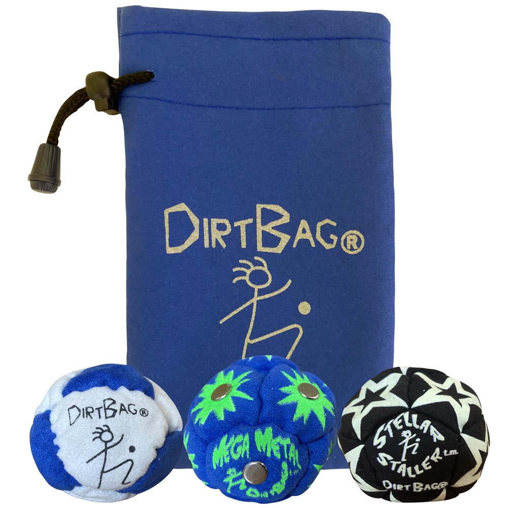 DIRTBAG All Star Footbag 3 Pack with Pouch, 100% Handmade, Premium Quality, Bright Vivid Colors, Signature Carry Bag - Blue/White