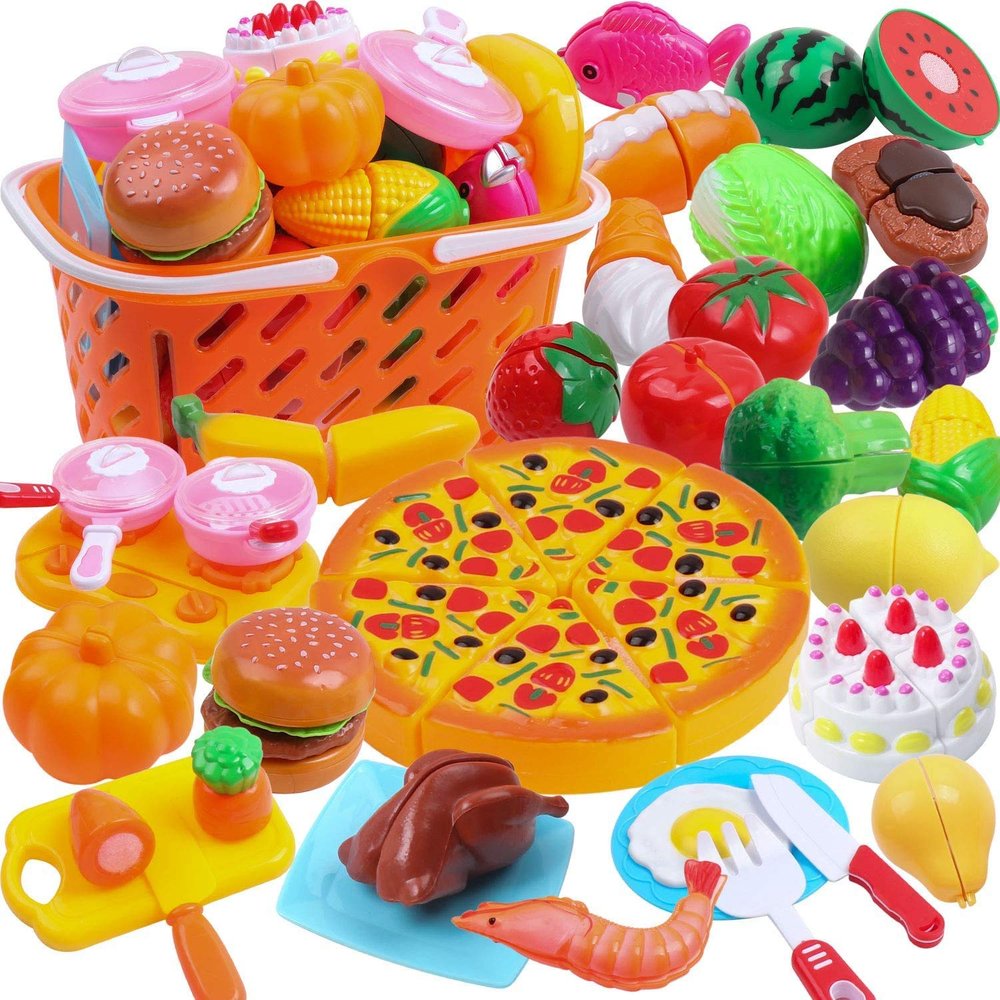 DigHealth DigHeath Pretend Play Food Set,Kitchen Cutting Toys,BPA Free Plastic Fruits & Vegetables for Kids with Realistic Basket,Knife and Chopping Board,Best Children Educational Play Set