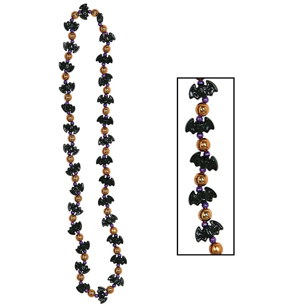 Club Pack of 12 Black and Orange Halloween Bat Party Bead Necklaces 36"