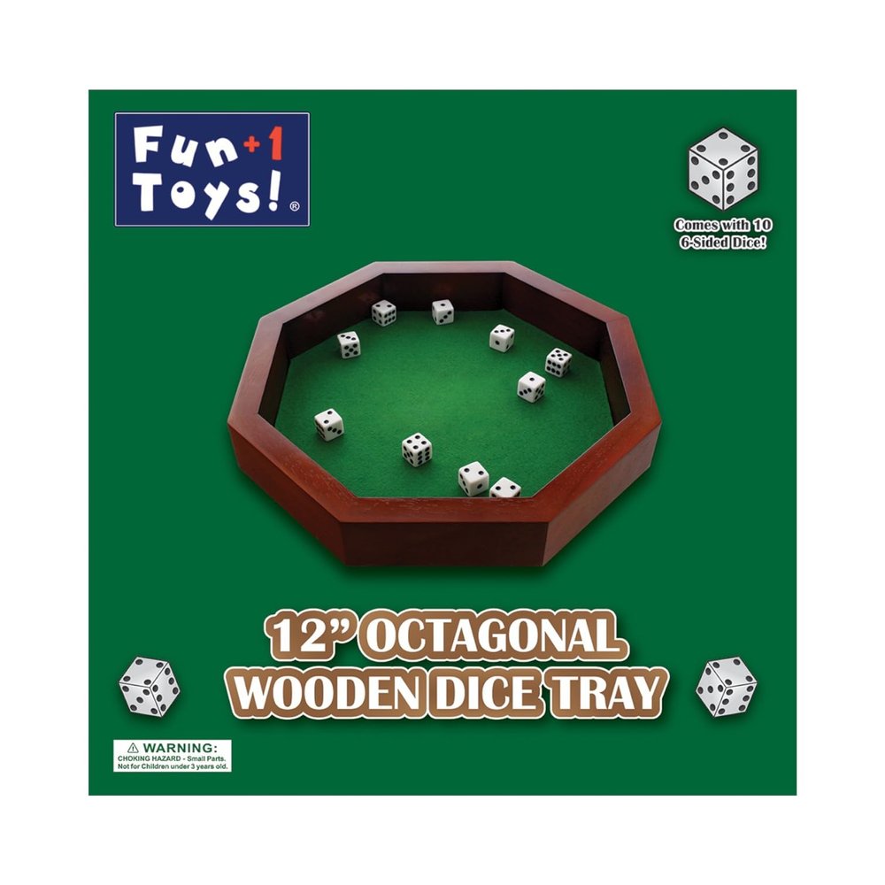 Fun+1 Toys! 11.75-Inch Octagonal Wooden Dice Tray - Dice Included