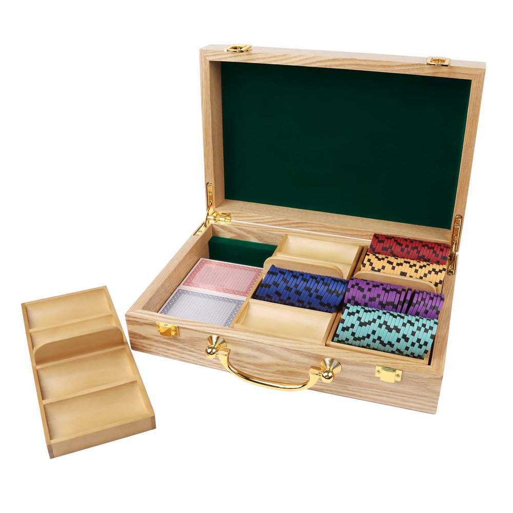 GSE Games & Sports Expert Wooden Poker Chip Case with 3 Chip Trays, Holds 300 Chips, Casino Grade Chips Holder for Poker Chips (Oak)
