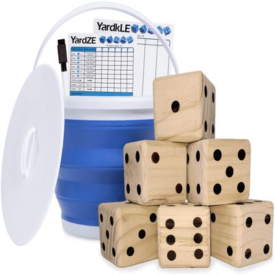 GETMOVIN SPORTS Giant Wooden Playing Dice Set with Roll Bucket and Scorecard, Outdoor Lawn Yard Game - Includes 6 Dice, Dry Erase Scorecard W/Marker, Roll Bucket, Carrying Bag (3.5" Dice)
