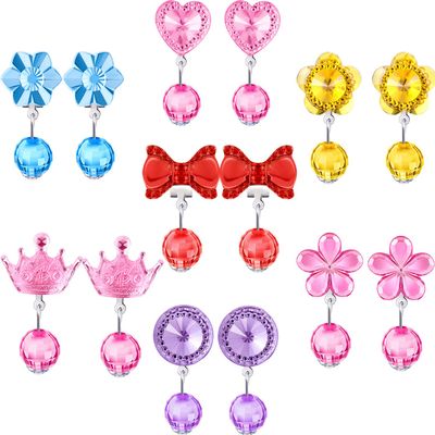Hicarer 7 Pairs Clip on Earrings for Girls Crystal Princess Dress up Play Earrings with Pink Clear Box and Soft Rubber Pads for Little Girl Kids Toddlers Birthday Valentine's Party Supplies