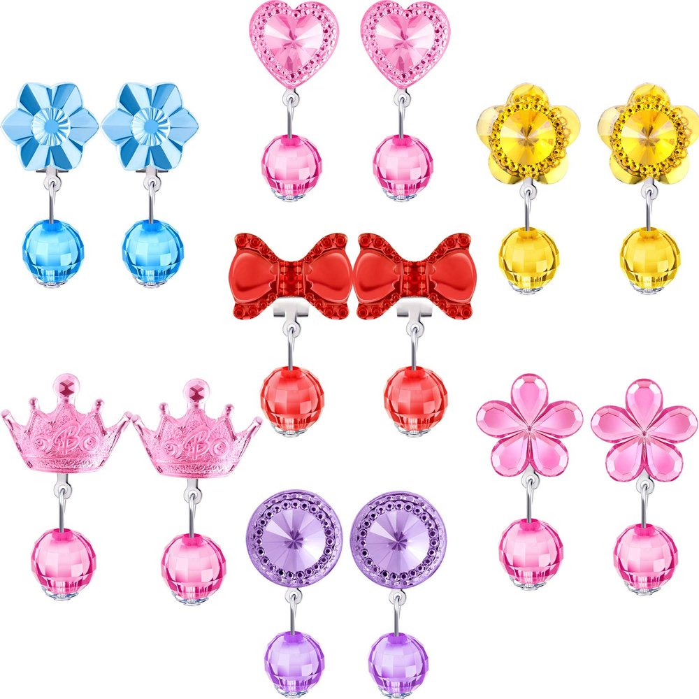 Hicarer 7 Pairs Clip on Earrings for Girls Crystal Princess Dress up Play Earrings with Pink Clear Box and Soft Rubber Pads for Little Girl Kids Toddlers Birthday Valentine's Party Supplies