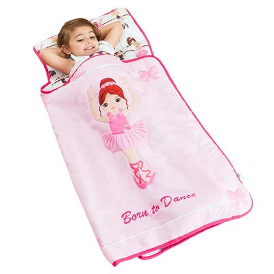 EVERYDAY KIDS Toddler Nap Mat with Removable Pillow -Born to Dance Ballerina- Carry Handle with Straps Closure, Rollup Design, Soft Microfiber for Preschool, Daycare, Sleeping Bag - Ages 2-6 Years