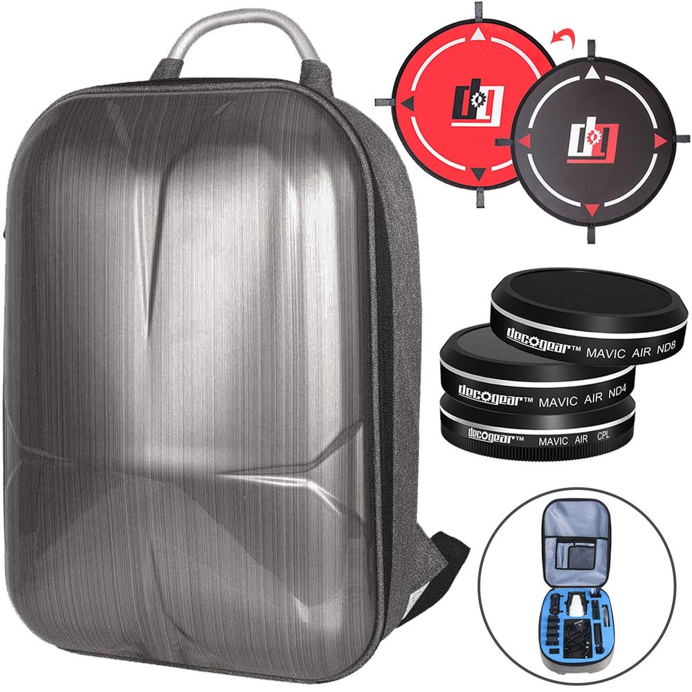 Deco Gear DJI Mavic Air Accessory Bundle- EVA-Protected Hardshell Travel Backpack with 3Pc. Filter Kit (ND4 + ND8 + CPL) and Landing Pad
