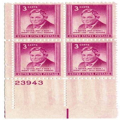 Will Rogers Plate Block of 4 x 3c Stamps - Scott 975