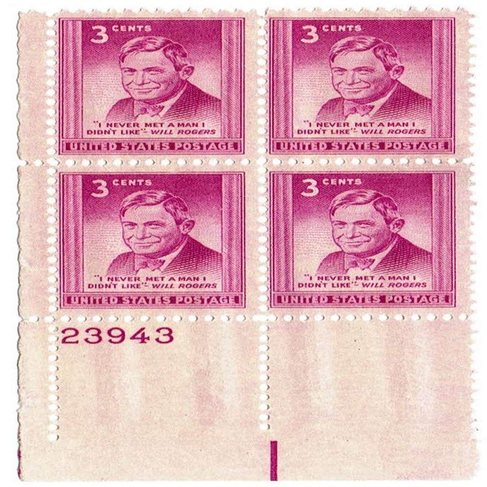 Will Rogers Plate Block of 4 x 3c Stamps - Scott 975