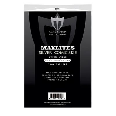(2) Max Protection MaxLites Premium Comic Book Bags - Archival Safe Crystal Clear Storage - Mylar Comic Book Bags Alternative - Acid-Free - Silver Age Size - 100 Bags - 2 mil Thickness, 7 1/4 x 10 1/2