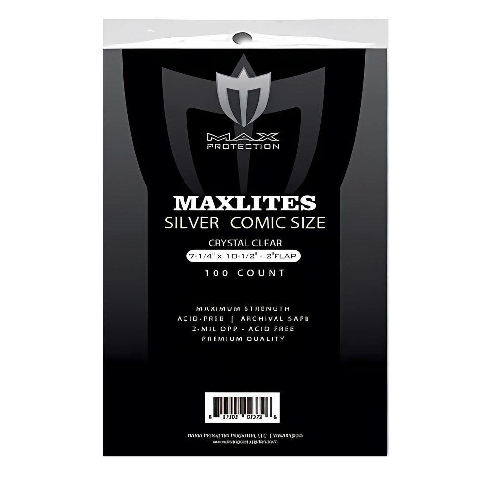 (2) Max Protection MaxLites Premium Comic Book Bags - Archival Safe Crystal Clear Storage - Mylar Comic Book Bags Alternative - Acid-Free - Silver Age Size - 100 Bags - 2 mil Thickness, 7 1/4 x 10 1/2