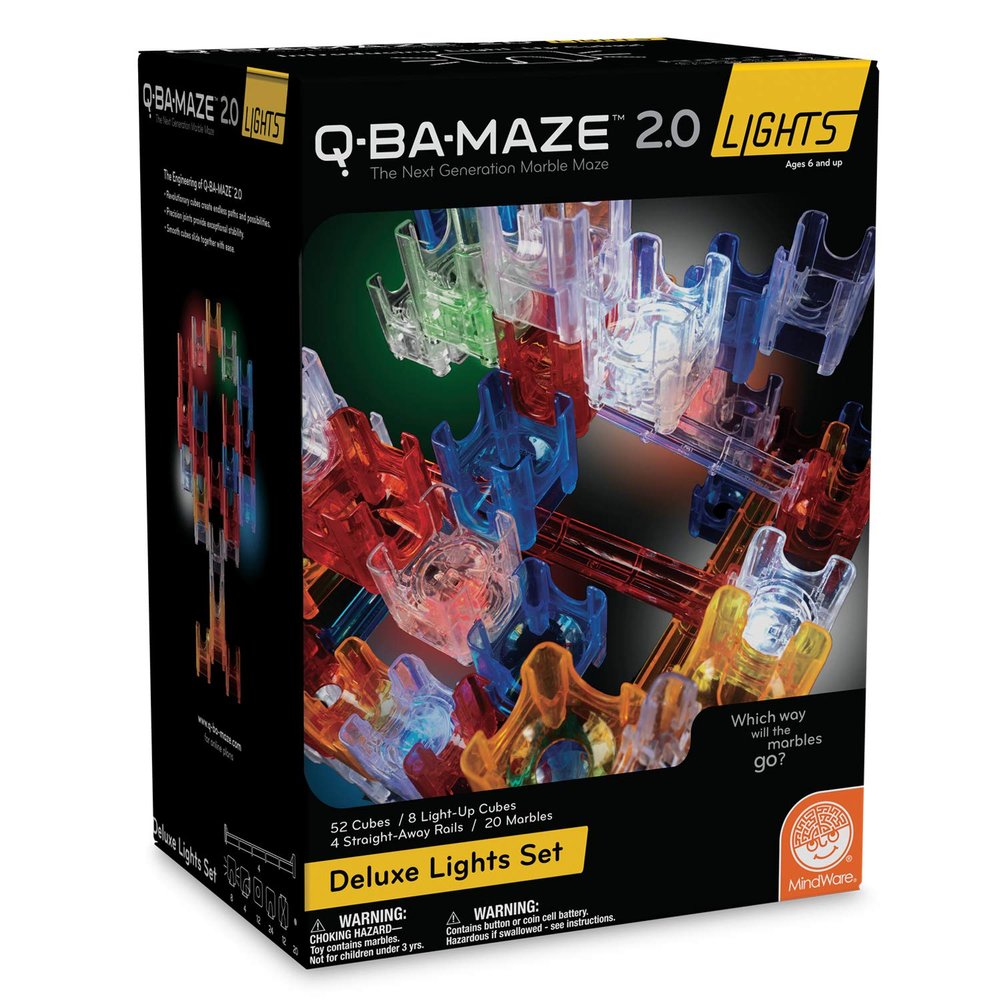 MindWare Q-BA-Maze 2.0 Lights Deluxe Set Light-Up Marble Run Building Toy for Kids, 82 Pieces with Motion-Activated Cubes, Ages 8 and Up