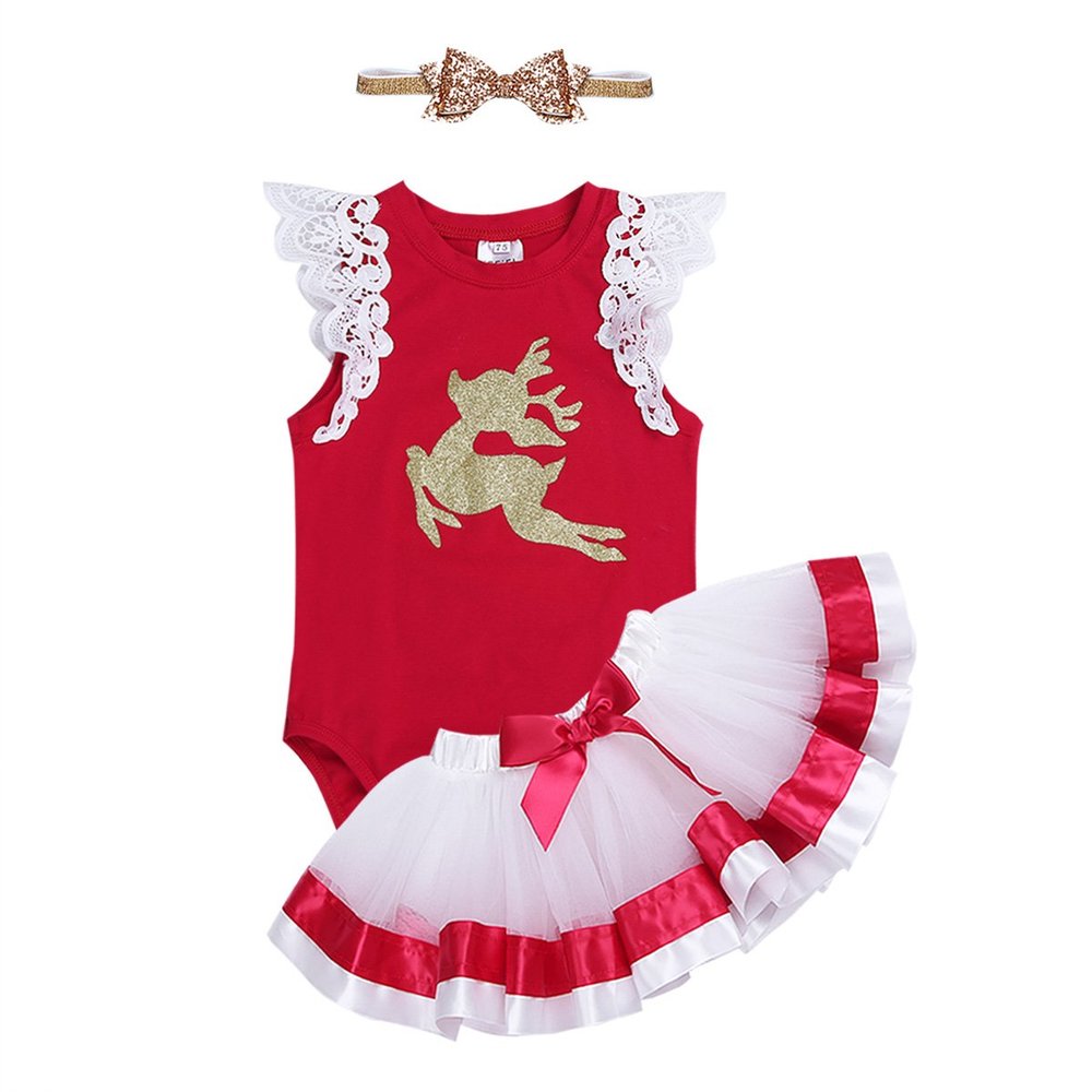 Alvivi Baby Girls Fly Sleeves Christmas Glitter Deer Pattern Romper with Tutu Skirt Headband Red 18-24 Months