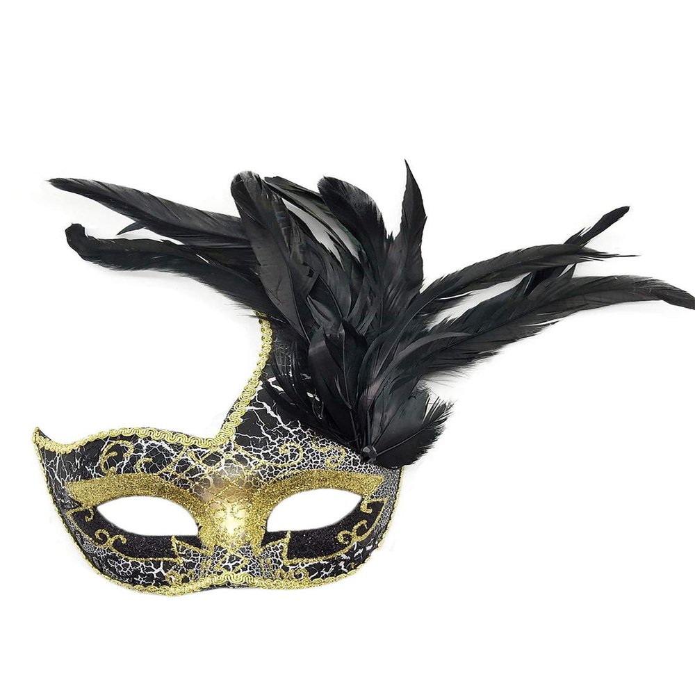 Coolwife Costume Mask Feather Masquerade Mask Halloween Mardi Gras Cosplay Party Masque (Crack Black)