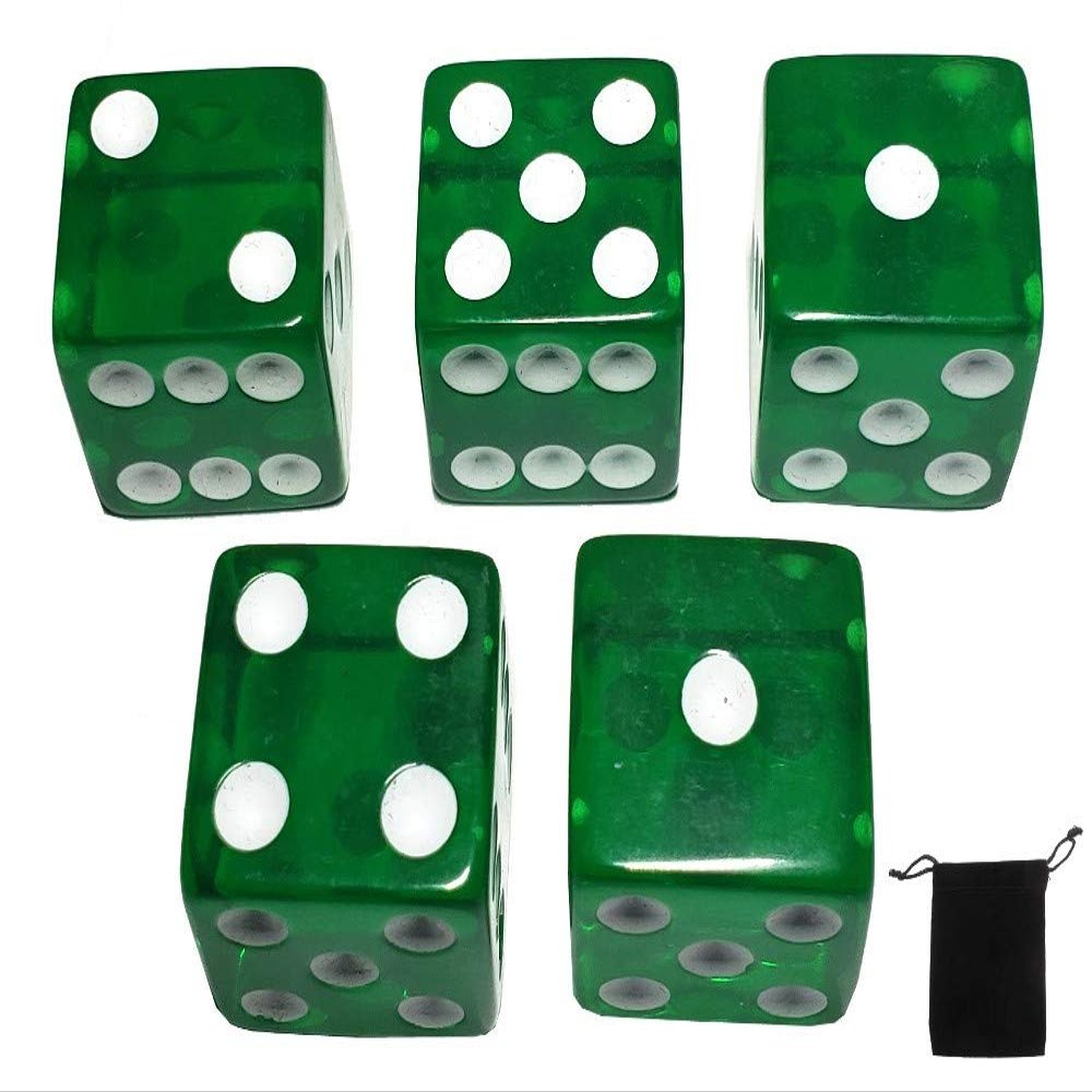 Cyber-Deals Set of (5) 16mm Dice Standard Transparent Square Cornered with Black Velvet Cloth Pouch Bag (Green)