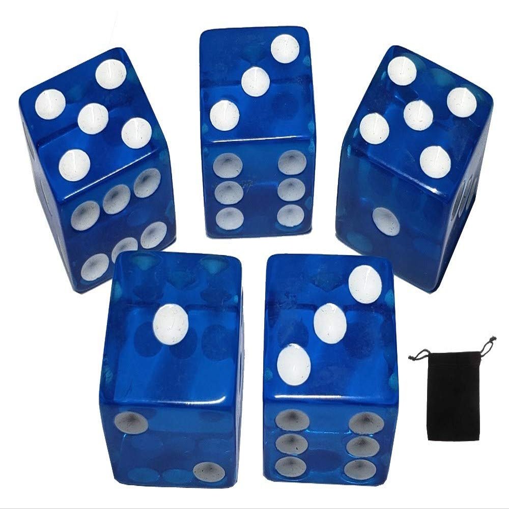 Cyber-Deals Set of (5) 16mm Dice Standard Transparent Square Cornered with Black Velvet Cloth Pouch Bag (Blue)