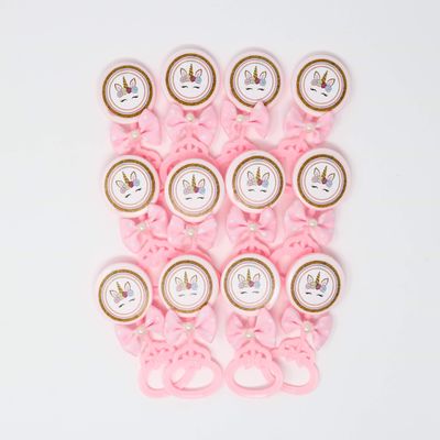 AMORESCREATIONS - Decorated Baby Shower Party Favors - Baby Rattle with Sticker and Bow TIE Ribbon - Party FAVORS/12 Pieces PER Pack (Unicorn FACE)
