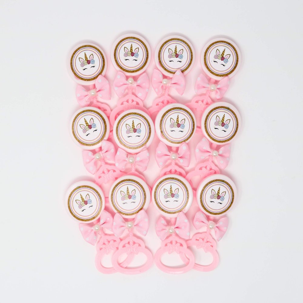AMORESCREATIONS - Decorated Baby Shower Party Favors - Baby Rattle with Sticker and Bow TIE Ribbon - Party FAVORS/12 Pieces PER Pack (Unicorn FACE)