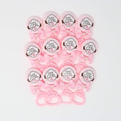 AMORESCREATIONS - Decorated Baby Shower Party Favors - Baby Rattle with Sticker and Bow TIE Ribbon - Party FAVORS/12 Pieces PER Pack (Baby Girl)