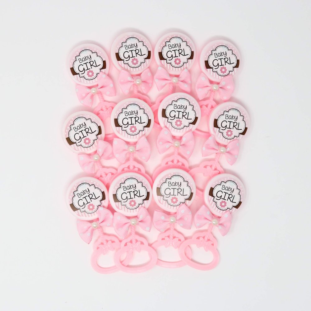 AMORESCREATIONS - Decorated Baby Shower Party Favors - Baby Rattle with Sticker and Bow TIE Ribbon - Party FAVORS/12 Pieces PER Pack (Baby Girl)