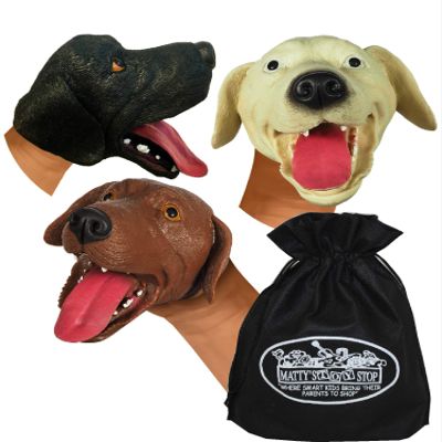 Schylling Dogs Stretchy Hand Puppets Brown, Beige (Tan) & Black Gift Set Bundle with Exclusive Matty's Toy Stop Storage Bag - 3 Pack