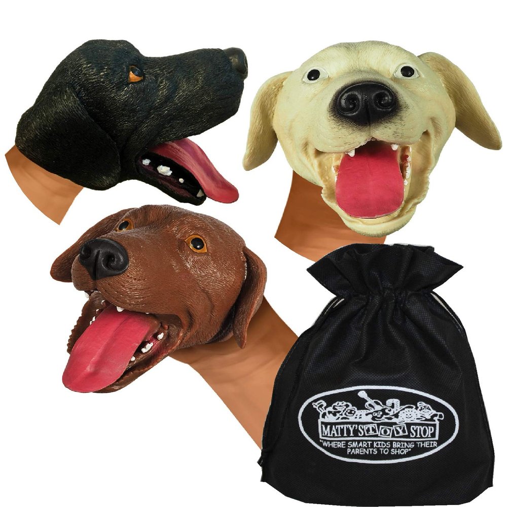 Schylling Dogs Stretchy Hand Puppets Brown, Beige (Tan) & Black Gift Set Bundle with Exclusive Matty's Toy Stop Storage Bag - 3 Pack