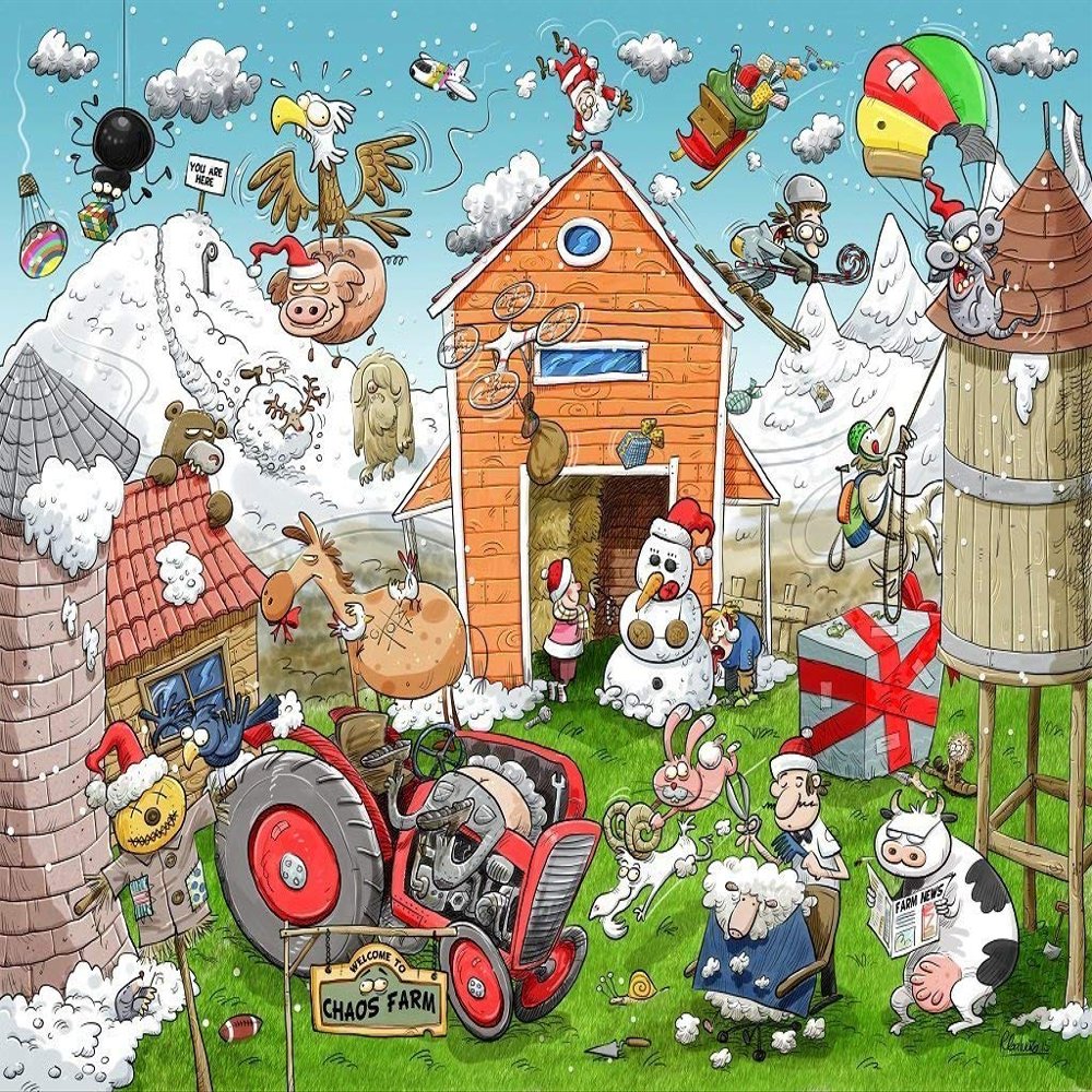 500 Piece Jigsaw Puzzle for Adults, Teens and Kids - Christmas at Chaos Farm - Funny Cartoon Jigsaw Puzzle, 1000 Piece Family Games