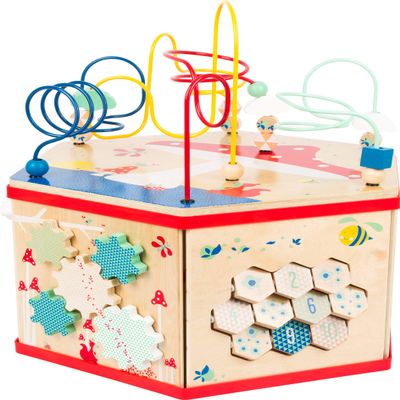 Wooden Activity Cube XL Size by Small Foot  Classic 7-Sided Interactive Toy with Bead Maze, Puzzle, Shape Sorter, Clock & Wheels - Develops Kids Dexterity, Motor Skills  Age 12+ months