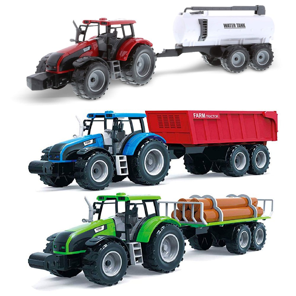 Mozlly Friction Powered Farm Tractor Trailer Toy Set - 16-inch Trailer Toys for Boys and Girls, Red Water Tank, Blue Farm Tractor, and Green Log Truck Toy (3 Sets)