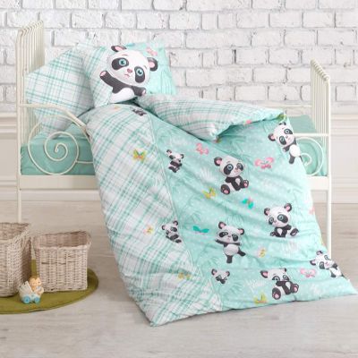 100% Cotton Baby Bedding Set, Toddlers Crib Bedding for Baby Boys, Duvet Cover Set, Nautical Ship Animals Panda Giraffe Penguins Teddy Bear Dinosaurs Themed, 4 Pieces (Mint Panda)