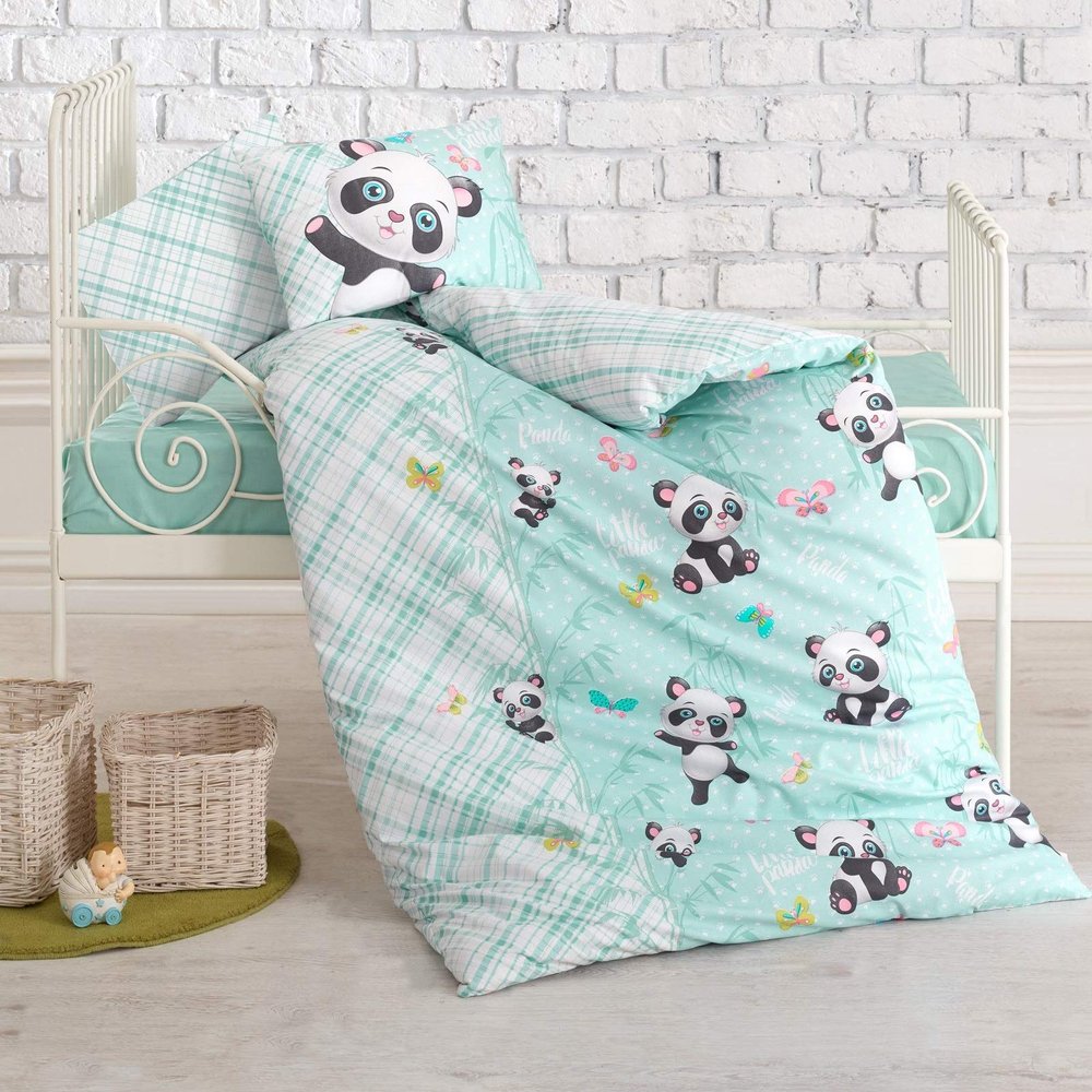 100% Cotton Baby Bedding Set, Toddlers Crib Bedding for Baby Boys, Duvet Cover Set, Nautical Ship Animals Panda Giraffe Penguins Teddy Bear Dinosaurs Themed, 4 Pieces (Mint Panda)