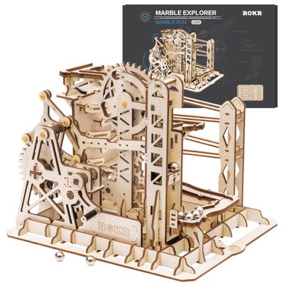ROKR 3D Assembly Wooden Puzzle Brain Teaser Game Mechanical Gears Set Model Kit Marble Run Set Unique Craft Kits Christmas/Birthday/Valentine's Gift for Adults & Kids Age 14+(LG503-Lift Coaster)