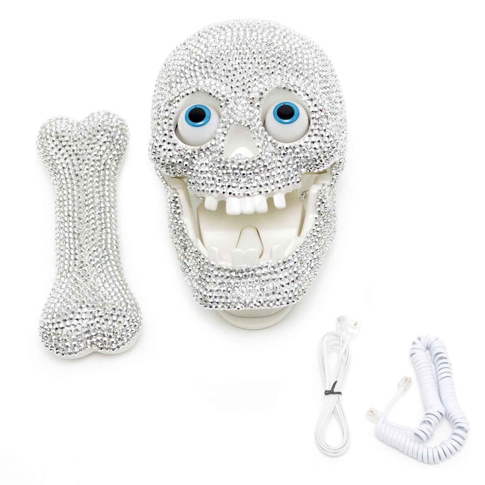 Gifts 4 All Occasions Limited SHATCHI-1358 Skull Diamante Telephone Sparkle Bling Halloween Decorations LED Corded Wired Phone, Silver