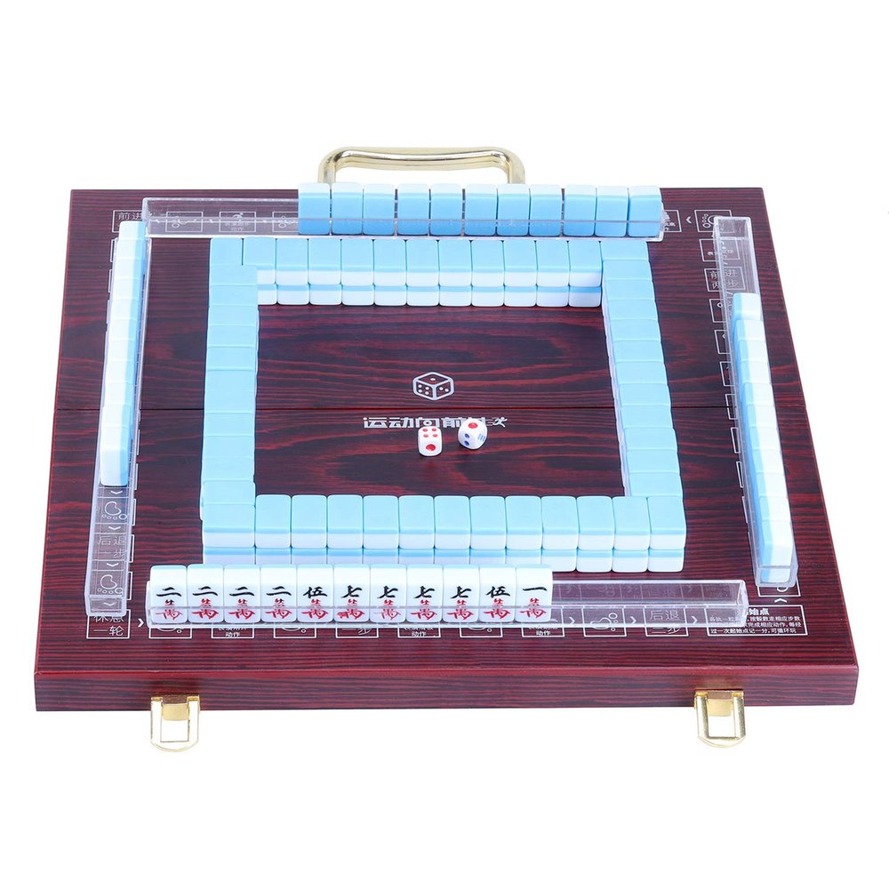 Erencook Miniature Chinese Mahjong Game Set with Foldable Table 144 Mini-Tiles, Case, and Accessories, Travel Set (Blue, 22MM)