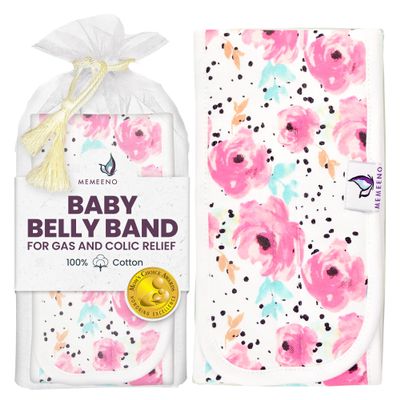 Organic Cotton Baby Belly Band, Wrap, Umbilical Cord Navel Belt, Binder for Infant Colic & Gas Relief, Newborn to 12 Months, by MEMEENO (Bloom)