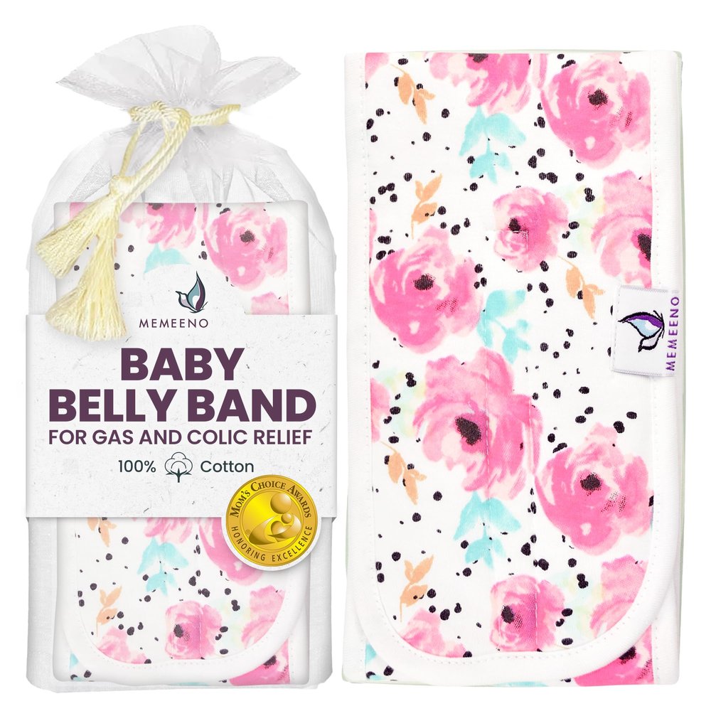 Organic Cotton Baby Belly Band, Wrap, Umbilical Cord Navel Belt, Binder for Infant Colic & Gas Relief, Newborn to 12 Months, by MEMEENO (Bloom)