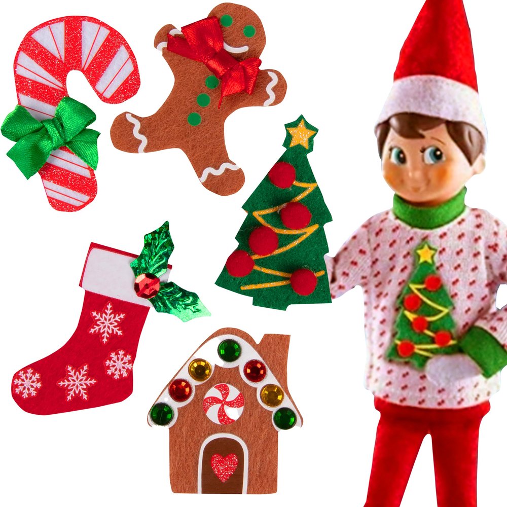 The Elf on the Shelf Sweater Set - Elf Boy or Girl Accessory with 5 Different Removable Decals Change Your Elves Costume Daily, Have Fun with Your Holiday Home Ugly Sweater Party- Officially Licensed