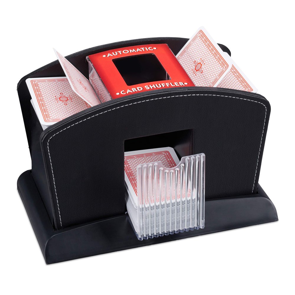 Relaxdays Leather Shuffling Machine for 4 Decks, Professional Card Shuffler, Electric, Black, 16 x 23.5 x 13.5 cm