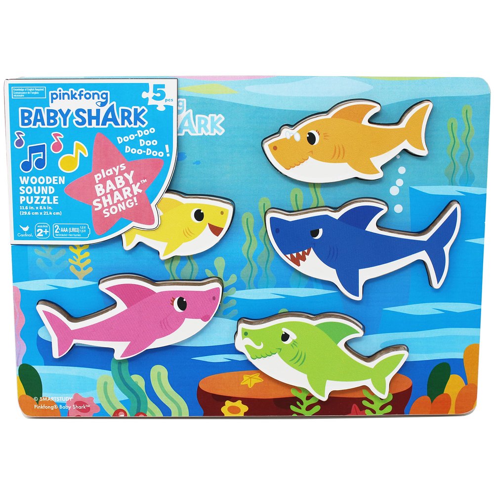 Spin Master Games, Pinkfong Baby Shark Musical Wooden Sound Puzzle, Plays Viral Song, 5 Pieces, Toddler Toys, for Ages 2 & Up