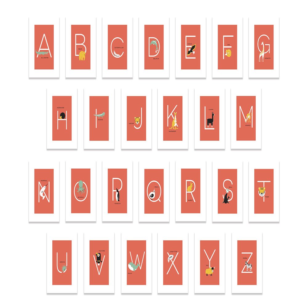 English Alphabets Flash Cards and Art Wall Cards - Set of 26 (5" x 7") Animal Alphabet Cards for Nursery Decor, Gifts, Kids Room, Classroom, by Kindred Sol Collective