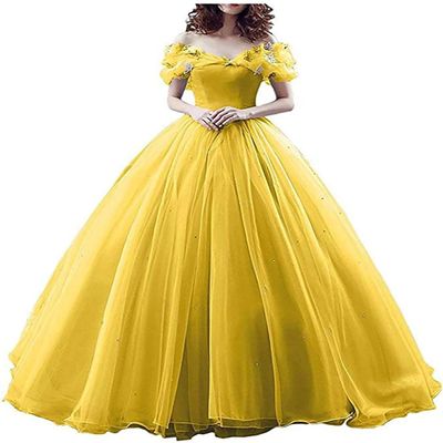 CharmingBridal Cinderella Princess Dress Off Shoulder Ball Gown Costume Quinceanera Dresses Yellow