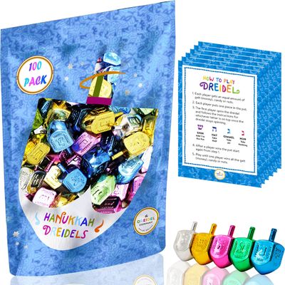 The Dreidel Company 100-Pack Metallic Multi-Colored Dreidels for Hanukkah with English Translation, Spinning Tops Includes Game Instruction Cards Multi-Colored Assorted Metallic Dreidels
