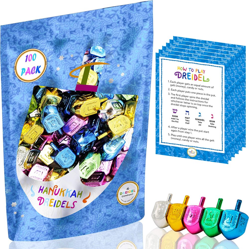 The Dreidel Company 100-Pack Metallic Multi-Colored Dreidels for Hanukkah with English Translation, Spinning Tops Includes Game Instruction Cards Multi-Colored Assorted Metallic Dreidels