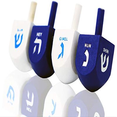 The Dreidel Company 25 Solid Blue & White Wooden Hand Painted Hanukkah Dreidels with English Transliteration - Includes 3 Detailed Game Instruction Cards (25-Pack)