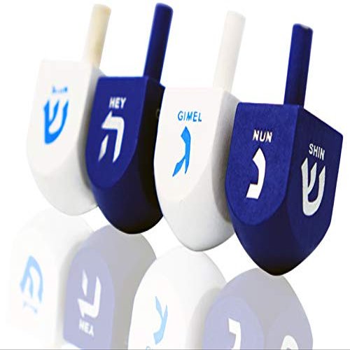 The Dreidel Company 25 Solid Blue & White Wooden Hand Painted Hanukkah Dreidels with English Transliteration - Includes 3 Detailed Game Instruction Cards (25-Pack)