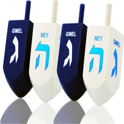 4-Pack Hanukkah Dreidel Extra Large Blue & White 3" Inch Wooden Dreidels Hand Painted, Includes Game Instruction Cards! (4-Pack XL Dreidels)