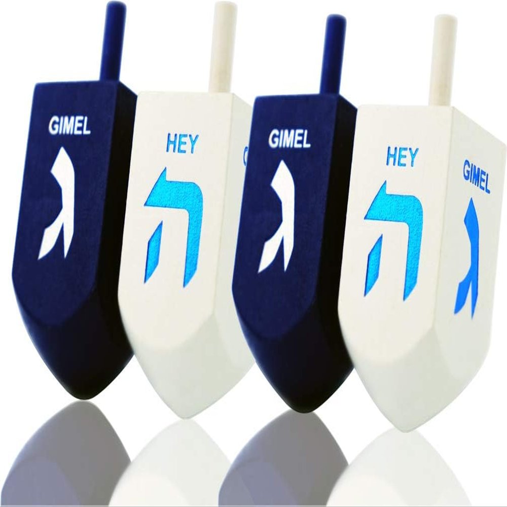 4-Pack Hanukkah Dreidel Extra Large Blue & White 3" Inch Wooden Dreidels Hand Painted, Includes Game Instruction Cards! (4-Pack XL Dreidels)