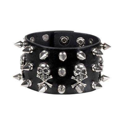 Boland 64518 Biker Bracelet, One Size, Black, Leather Look, Rivets, Skulls, Rocker, Punk, Fashion Jewellery, Bracelet, Accessory, Costume, Fancy Dress, Carnival, Theme Party