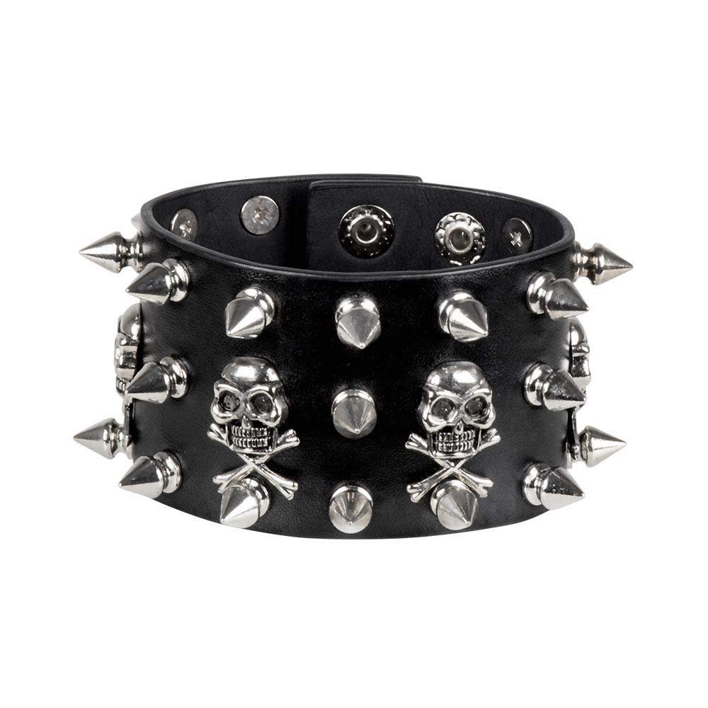 Boland 64518  Biker Bracelet, One Size, Black, Leather Look, Rivets, Skulls, Rocker, Punk, Fashion Jewellery, Bracelet, Accessory, Costume, Fancy Dress, Carnival, Theme Party