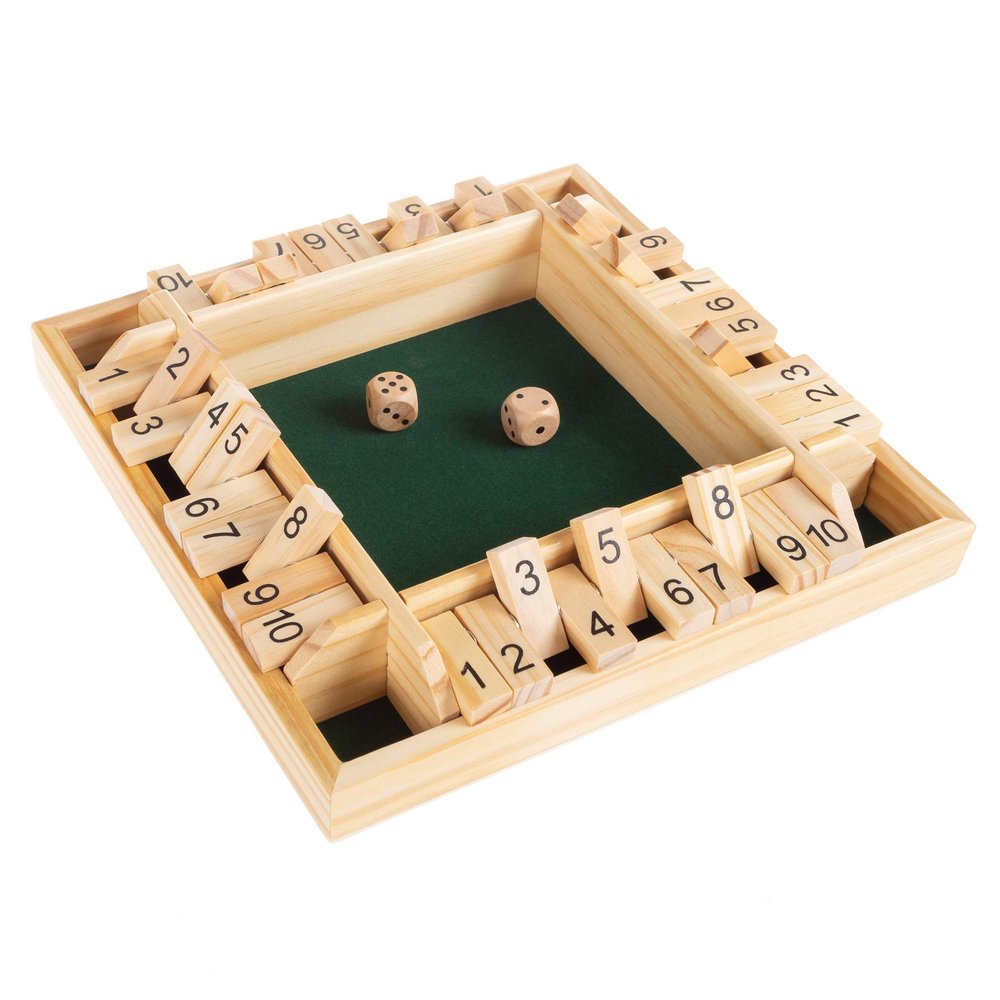 HEY! PLAY! Shut The Box Game - Classic 10 Number Games Set for Up to 4 Players - Old Fashioned Wooden Board with Dice for Adults and Children (Green)