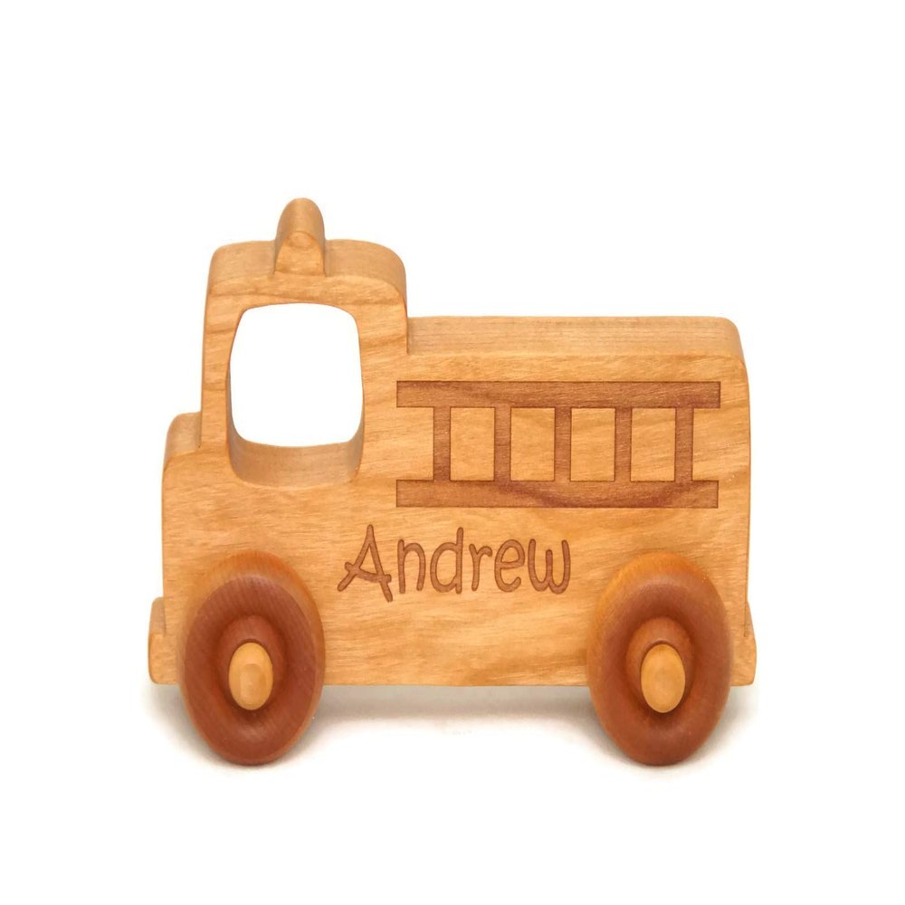 Wooden Fire Truck Toy Handmade Natural Wood Push Toy for Toddlers & Kids, Classic Gift for Birthdays and Everyday Play